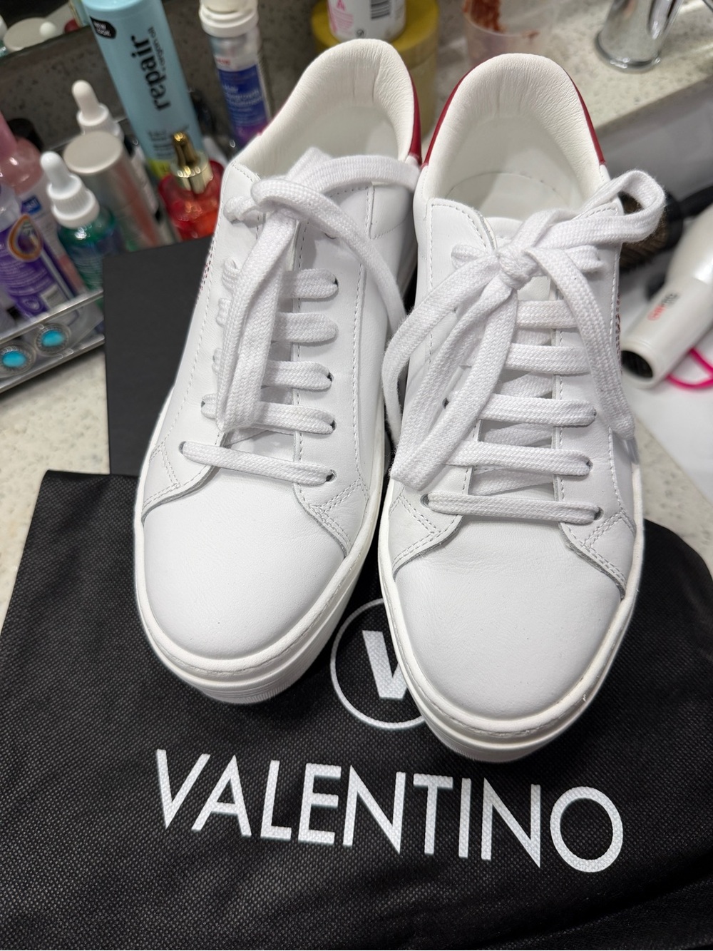 Valentino White Leather Sneakers with Red Heel Trim